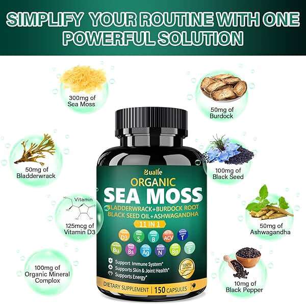 Bualle Irish Sea Moss Capsules – Organic Sea Moss, Black Seed Oil, Ashwagandha Supplements with Bladderwrack, Ginger & Burdock Root – Supports Daily Wellness, Skin & Energy – 150 Count (1 Pack) - Image 3