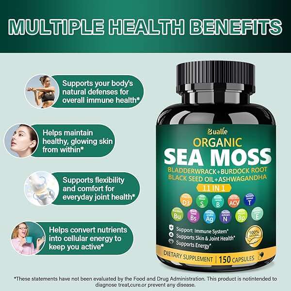 Bualle Irish Sea Moss Capsules – Organic Sea Moss, Black Seed Oil, Ashwagandha Supplements with Bladderwrack, Ginger & Burdock Root – Supports Daily Wellness, Skin & Energy – 150 Count (1 Pack) - Image 4
