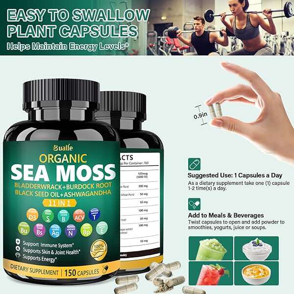 Bualle Irish Sea Moss Capsules – Organic Sea Moss, Black Seed Oil, Ashwagandha Supplements with Bladderwrack, Ginger & Burdock Root – Supports Daily Wellness, Skin & Energy – 150 Count (1 Pack) - Image 6