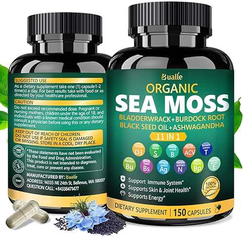 Bualle Irish Sea Moss Capsules – Organic Sea Moss, Black Seed Oil, Ashwagandha Supplements with Bladderwrack, Ginger & Burdock Root – Supports Daily Wellness, Skin & Energy – 150 Count (1 Pack) - Image 7