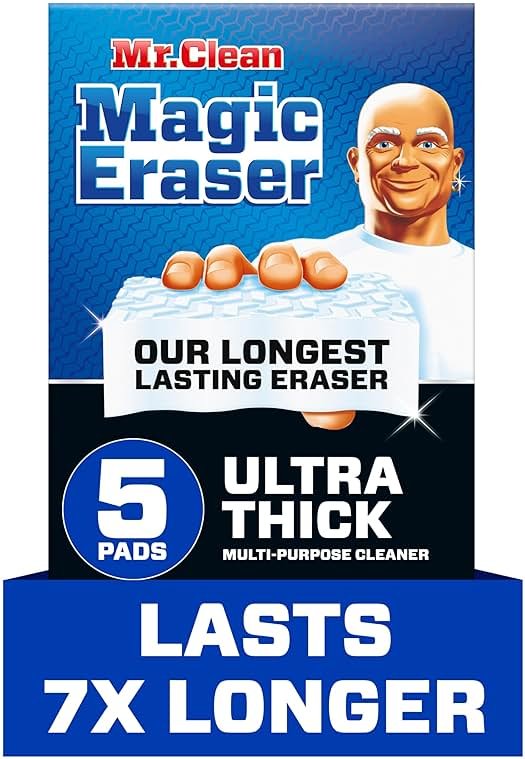 Mr. Clean Magic Eraser Sponge, All Purpose Cleaner, Long Lasting Cleaning Scrubber, Wall Cleaner, Sneaker Cleaner, Oven Cleaner, Kitchen, Bathroom, Shower Cleaning Supplies, Ultra Thick, 5ct - Product Image