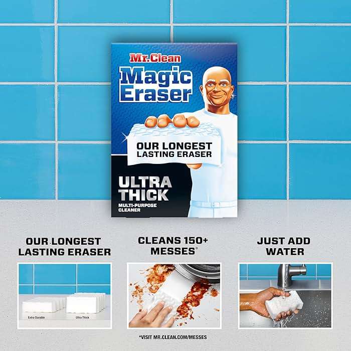 Mr. Clean Magic Eraser Sponge, All Purpose Cleaner, Long Lasting Cleaning Scrubber, Wall Cleaner, Sneaker Cleaner, Oven Cleaner, Kitchen, Bathroom, Shower Cleaning Supplies, Ultra Thick, 5ct - Image 2