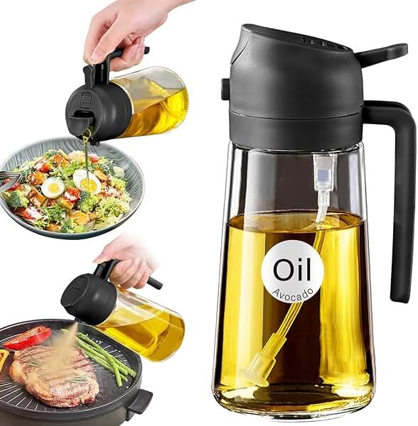 YARRAMATE 16oz/470ml Glass Olive Oil Sprayer for Cooking with Stickers, 2 in 1 Oil Dispenser for Kitchen Gadgets, Food Grade Premium Spray Bottle with Portion Control for Salad, Frying, BBQ (Black) - Product Image