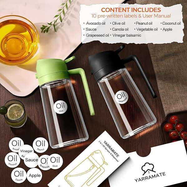 YARRAMATE 16oz/470ml Glass Olive Oil Sprayer for Cooking with Stickers, 2 in 1 Oil Dispenser for Kitchen Gadgets, Food Grade Premium Spray Bottle with Portion Control for Salad, Frying, BBQ (Black) - Image 2