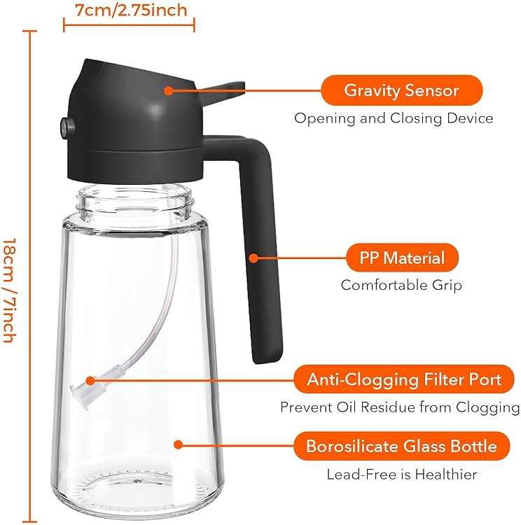 YARRAMATE 16oz/470ml Glass Olive Oil Sprayer for Cooking with Stickers, 2 in 1 Oil Dispenser for Kitchen Gadgets, Food Grade Premium Spray Bottle with Portion Control for Salad, Frying, BBQ (Black) - Image 3