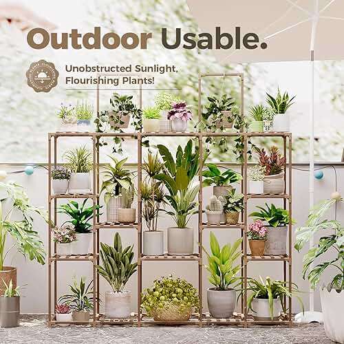 Bamworld Large Plant Shelf Plant Stand Indoor 62.2" Tall Outdoor Plant Holder Wood for Multiple Plants Hanging Plant Rack for Living Room Garden Balcony - Image 3
