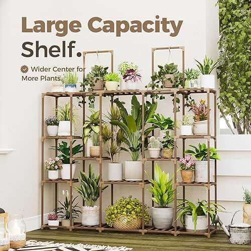 Bamworld Large Plant Shelf Plant Stand Indoor 62.2" Tall Outdoor Plant Holder Wood for Multiple Plants Hanging Plant Rack for Living Room Garden Balcony - Image 4