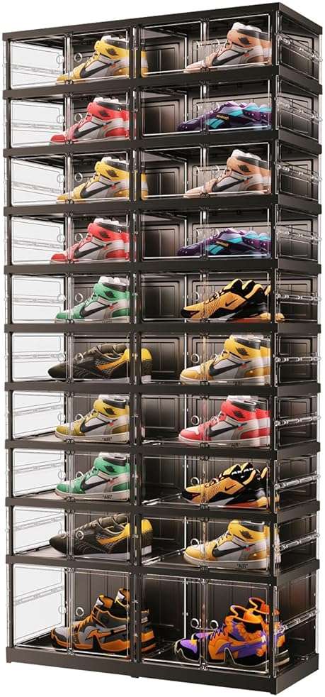 EHAMILY 10 Tiers 20-40 Pairs Foldable Shoe Boxes Large Plastic Shoe Storage Rack Collapsible Shoe Organizer for Closet Clear Stackable Shoes Shelf Storage Cabinet with Doors Quick Assembly Black - Image 1
