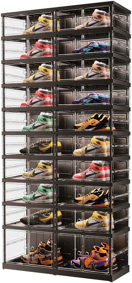 EHAMILY 10 Tiers 20-40 Pairs Foldable Shoe Boxes Large Plastic Shoe Storage Rack Collapsible Shoe Organizer for Closet Clear Stackable Shoes Shelf Storage Cabinet with Doors Quick Assembly Black - Product Image