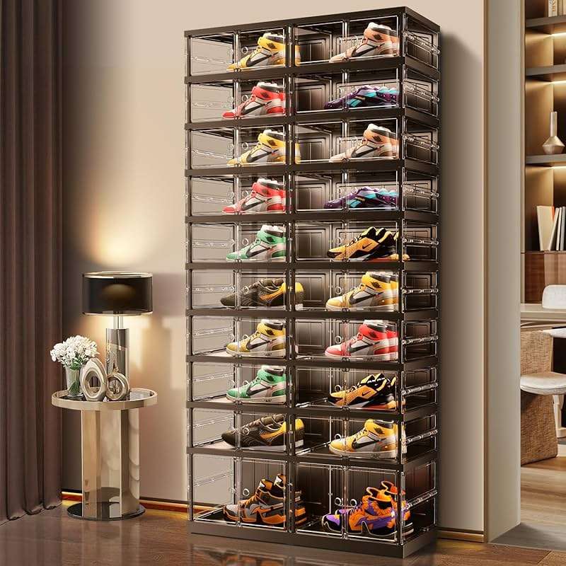 EHAMILY 10 Tiers 20-40 Pairs Foldable Shoe Boxes Large Plastic Shoe Storage Rack Collapsible Shoe Organizer for Closet Clear Stackable Shoes Shelf Storage Cabinet with Doors Quick Assembly Black - Image 2