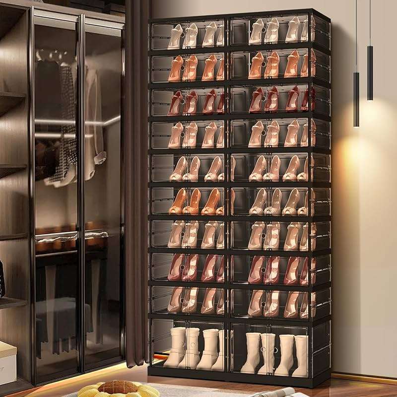 EHAMILY 10 Tiers 20-40 Pairs Foldable Shoe Boxes Large Plastic Shoe Storage Rack Collapsible Shoe Organizer for Closet Clear Stackable Shoes Shelf Storage Cabinet with Doors Quick Assembly Black - Image 5