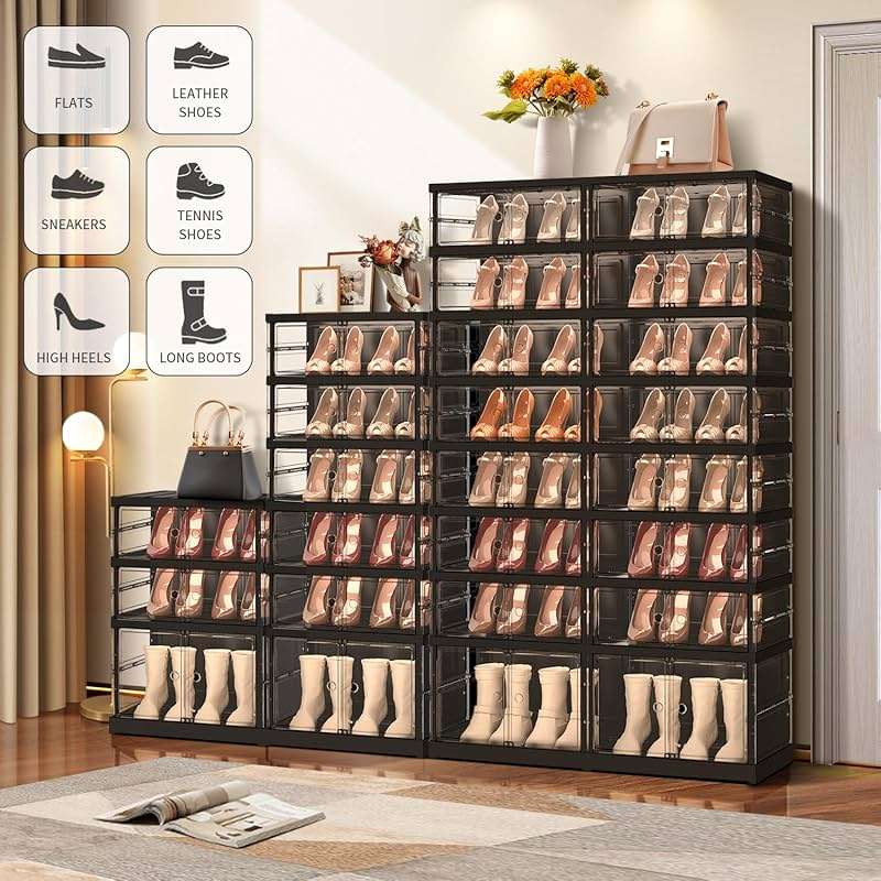 EHAMILY 10 Tiers 20-40 Pairs Foldable Shoe Boxes Large Plastic Shoe Storage Rack Collapsible Shoe Organizer for Closet Clear Stackable Shoes Shelf Storage Cabinet with Doors Quick Assembly Black - Image 6