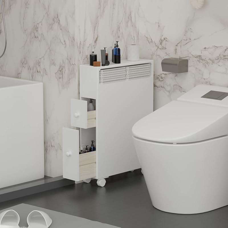 MASAKA B&W Bathroom Organizers and Storage,Slim Bathroom Storage Cabinet,Toilet Paper Storage, Movable Cabinet with 2 Drawers and Shelf, Corner Shelves, Side Organizer Toilet - Image 1
