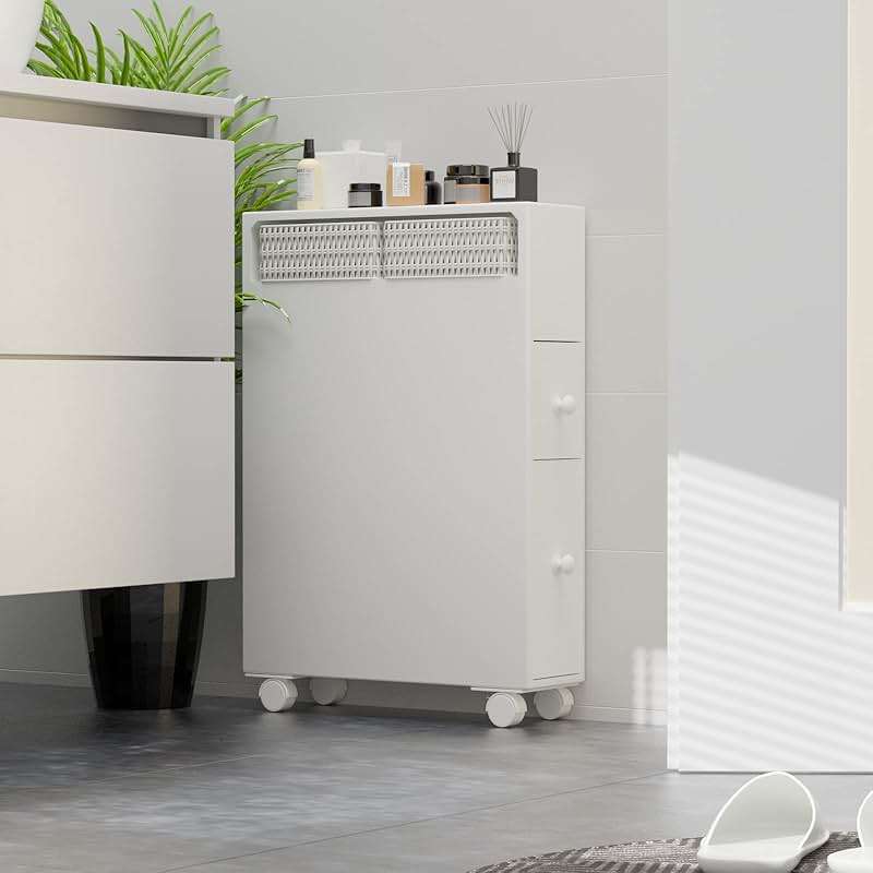 MASAKA B&W Bathroom Organizers and Storage,Slim Bathroom Storage Cabinet,Toilet Paper Storage, Movable Cabinet with 2 Drawers and Shelf, Corner Shelves, Side Organizer Toilet - Image 3