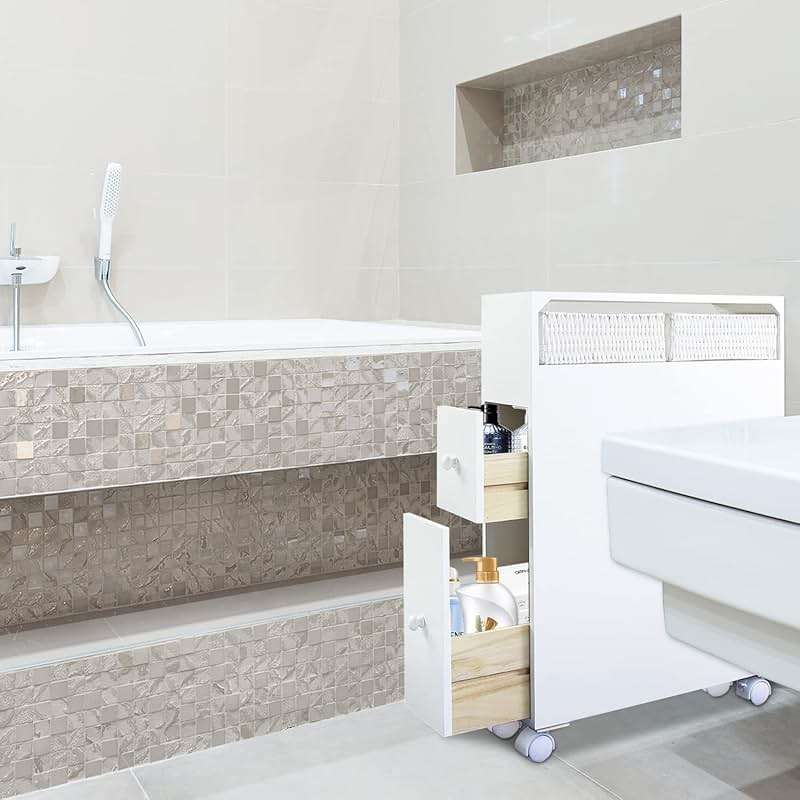 MASAKA B&W Bathroom Organizers and Storage,Slim Bathroom Storage Cabinet,Toilet Paper Storage, Movable Cabinet with 2 Drawers and Shelf, Corner Shelves, Side Organizer Toilet - Image 5
