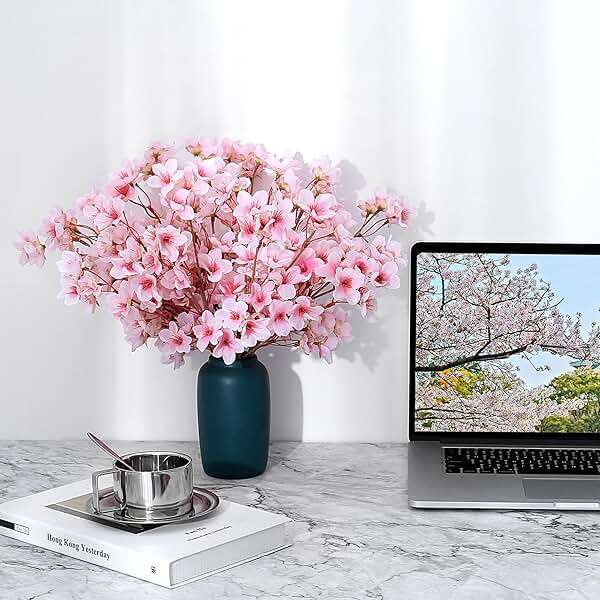 SITUMEIZI 6Pcs Artificial Cherry Blossom Branches Decor Fake Flowers Silk Spring Faux Flowers 16" Peach Bouquet for Home Wedding Bedroom Japanese Decoration DIY Table Centerpiece Arrangement(Pink) - Image 2
