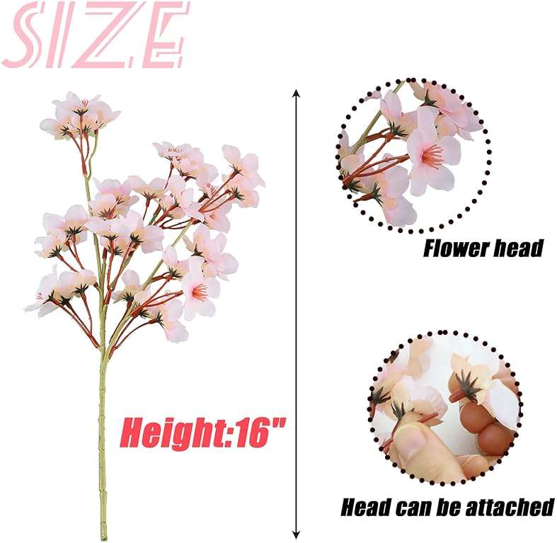 SITUMEIZI 6Pcs Artificial Cherry Blossom Branches Decor Fake Flowers Silk Spring Faux Flowers 16" Peach Bouquet for Home Wedding Bedroom Japanese Decoration DIY Table Centerpiece Arrangement(Pink) - Image 3