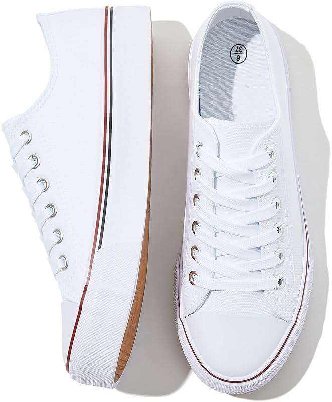 FRACORA Womens White Black Canvas Sneakers Low Top Canvas Shoes for Women Tennis Shoes - Image 1