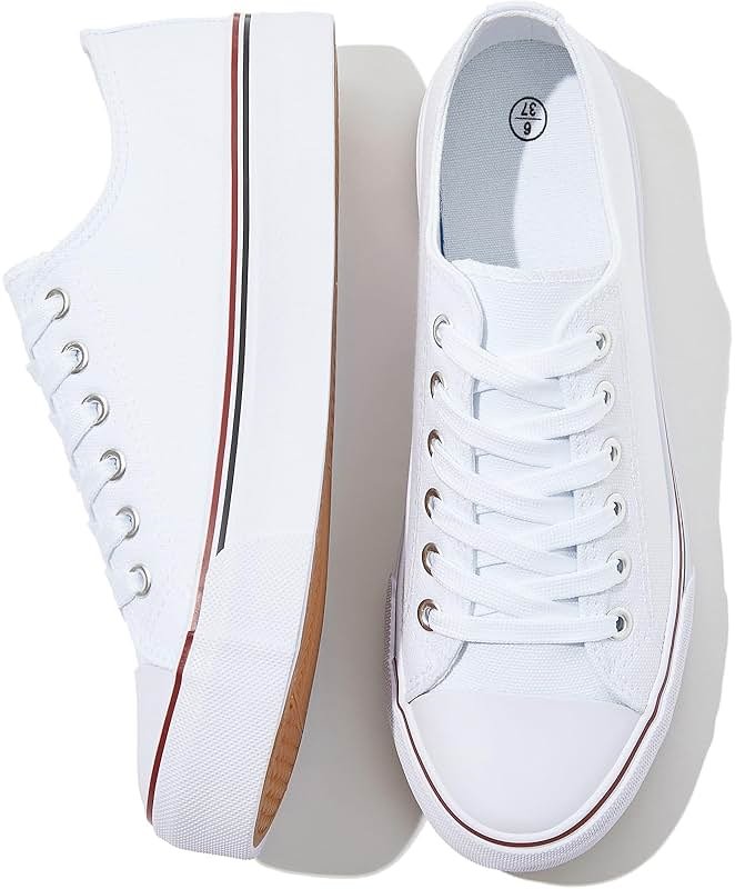 FRACORA Womens White Black Canvas Sneakers Low Top Canvas Shoes for Women Tennis Shoes - Product Image