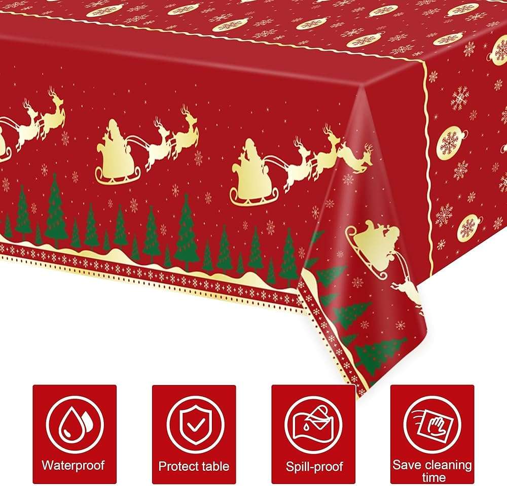 Christmas Tablecloth,2 Pack Disposable Plastic Tablecloths for Rectangle Tables 54"x108",Christmas Decorations,Red Reindeer Table Cloths for Home,Dinner,Xmas Table Cover for Outdoor,Picnic,Birthday - Image 4