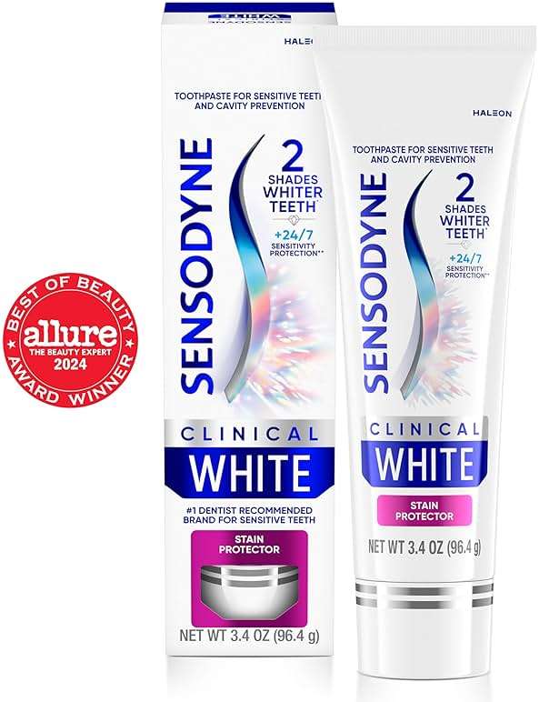 Sensodyne Clinical White Toothpaste Clinically Proven Whitening for Sensitive Teeth, Stain Protector, 3.4 oz - Image 2
