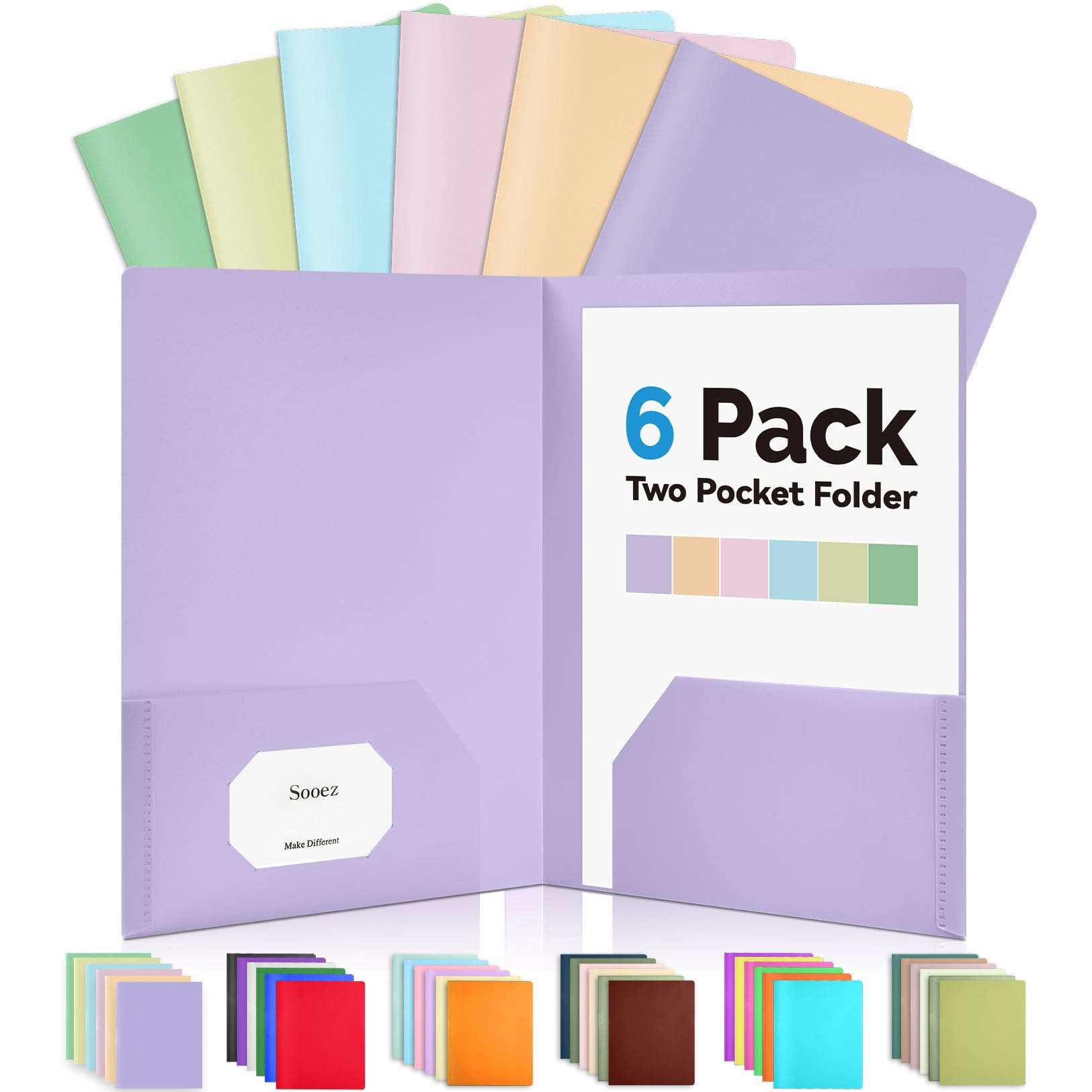 Sooez 6Pack Folders with Pockets, Pastels Colors, Heavy Duty Pocket Folder, Plastic Folders with Pockets, 2-Pocket Folder Bulk, Aesthetic File Folder, Back to School Office Filing Supplies - Image 1