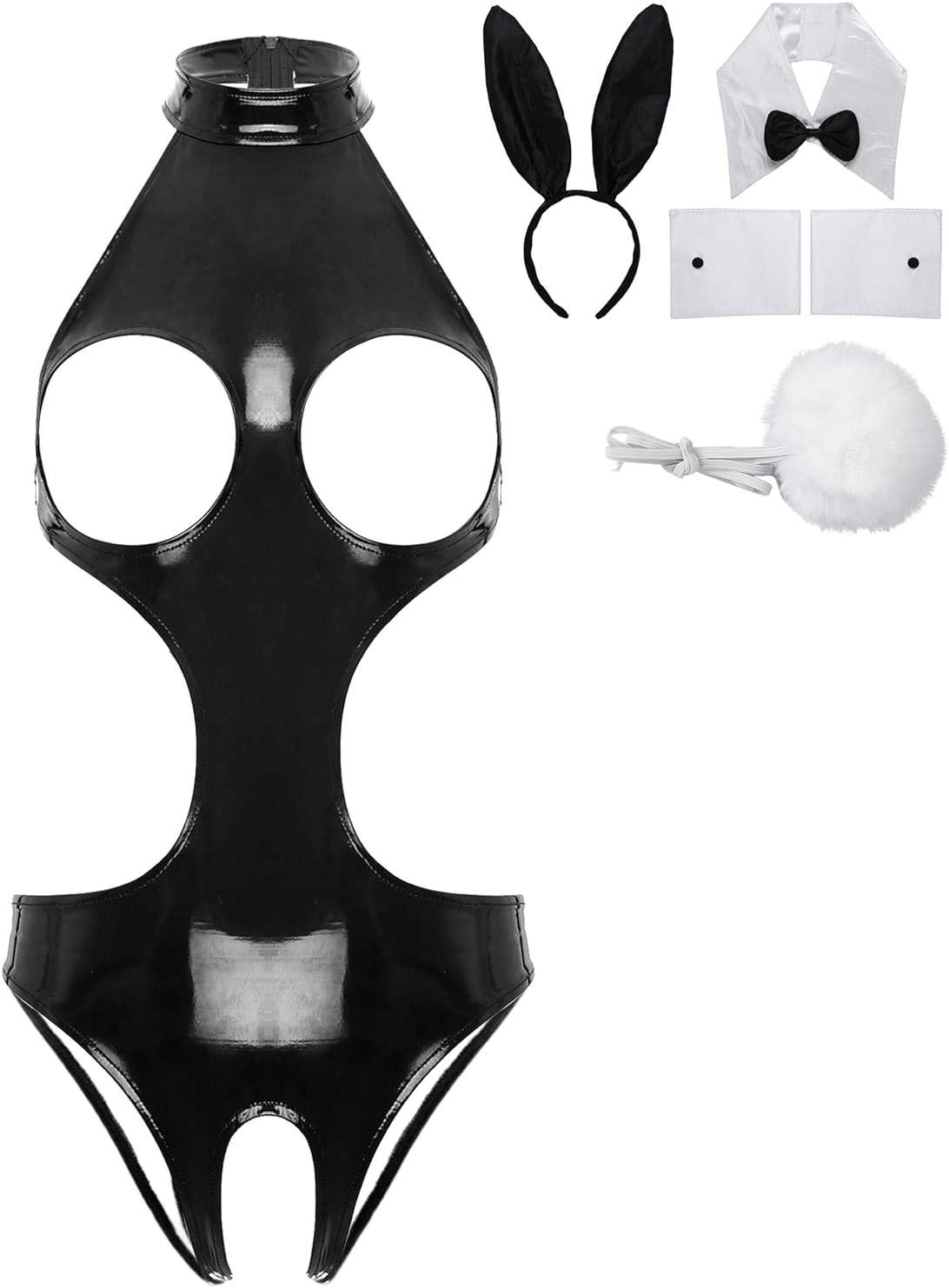 Miutii Women's Sexy Bunny Girl Cosplay Costume Wetlook Cutout Bodysuit Naughty Rabbit Lingerie Set - Image 1