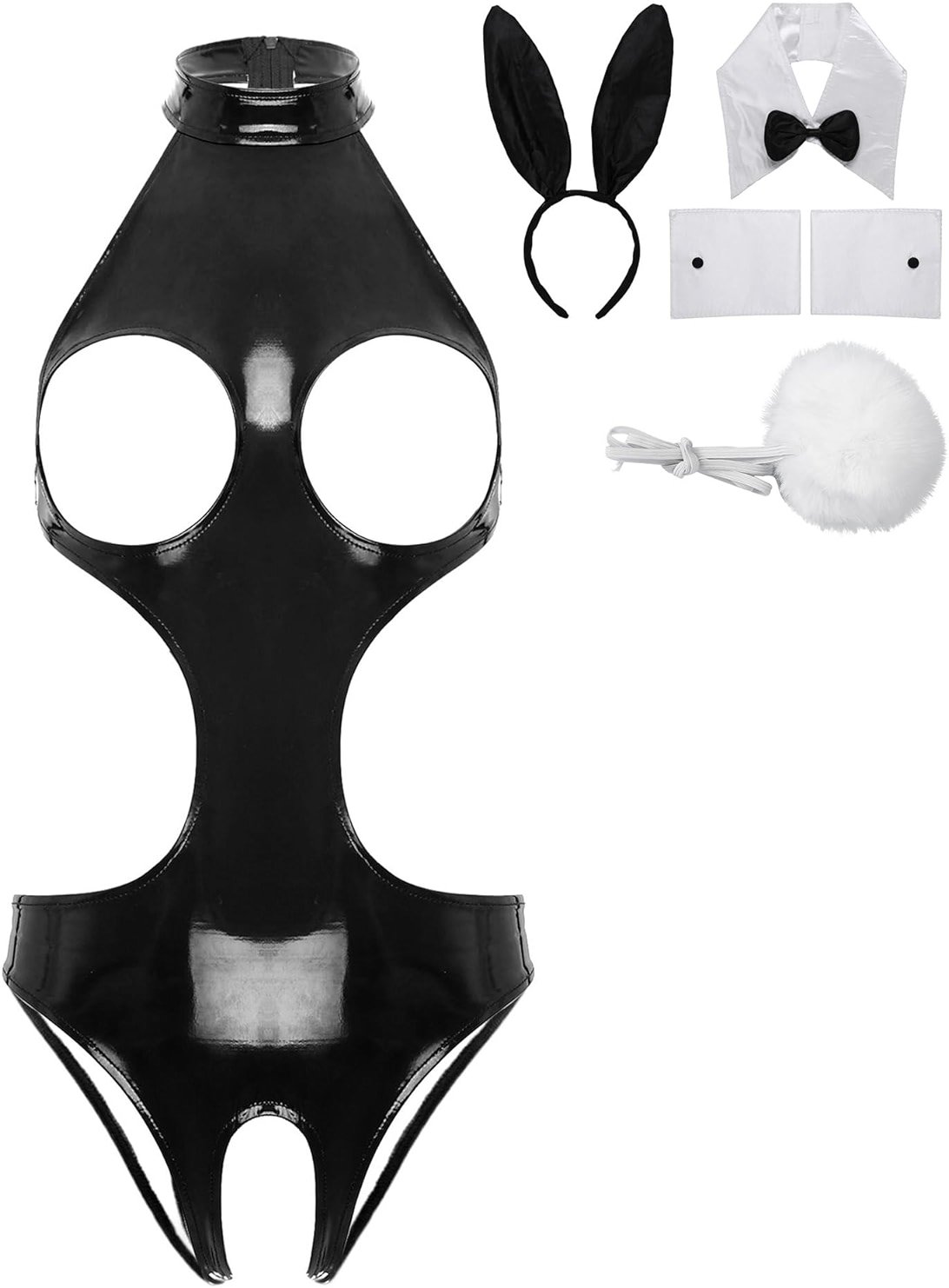 Miutii Women's Sexy Bunny Girl Cosplay Costume Wetlook Cutout Bodysuit Naughty Rabbit Lingerie Set - Product Image