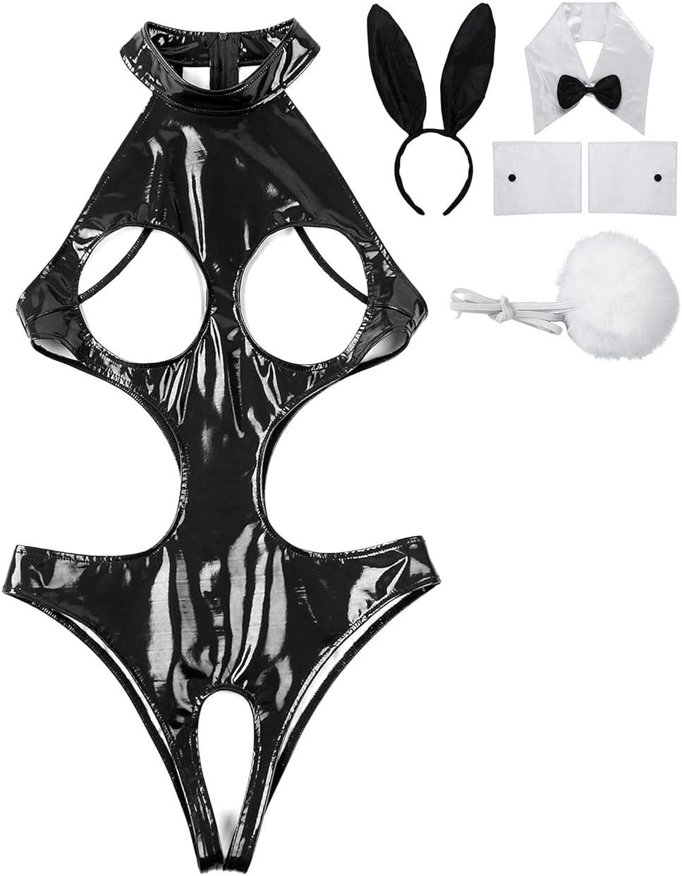 Miutii Women's Sexy Bunny Girl Cosplay Costume Wetlook Cutout Bodysuit Naughty Rabbit Lingerie Set - Image 3
