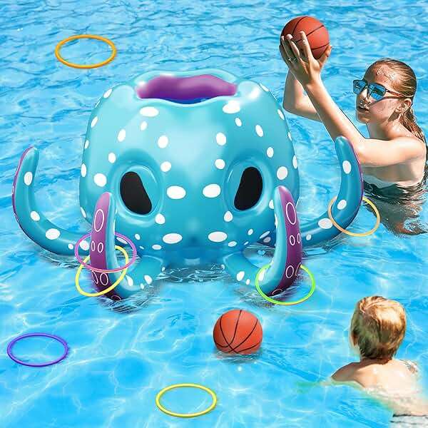 iPlay, iLearn Kids Octopus Pool Toys, 2-in-1 Inflatable Float Pool Game, Basketball Hoop & Ring Toss Game, Outdoor Summer Beach Water Play, Cool Family Party Gift 3 4 5 6 7 8 Year Old Boy Girl Child - Image 1