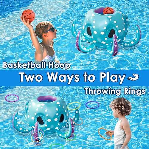 iPlay, iLearn Kids Octopus Pool Toys, 2-in-1 Inflatable Float Pool Game, Basketball Hoop & Ring Toss Game, Outdoor Summer Beach Water Play, Cool Family Party Gift 3 4 5 6 7 8 Year Old Boy Girl Child - Image 2