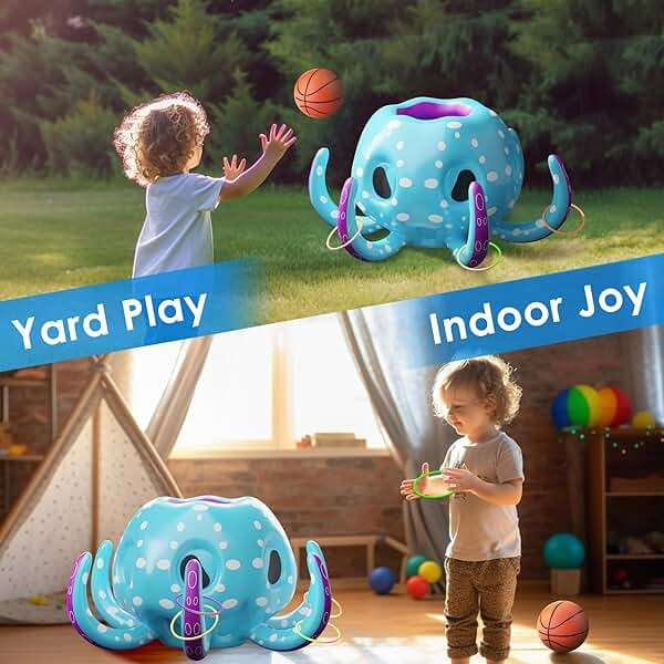 iPlay, iLearn Kids Octopus Pool Toys, 2-in-1 Inflatable Float Pool Game, Basketball Hoop & Ring Toss Game, Outdoor Summer Beach Water Play, Cool Family Party Gift 3 4 5 6 7 8 Year Old Boy Girl Child - Image 4