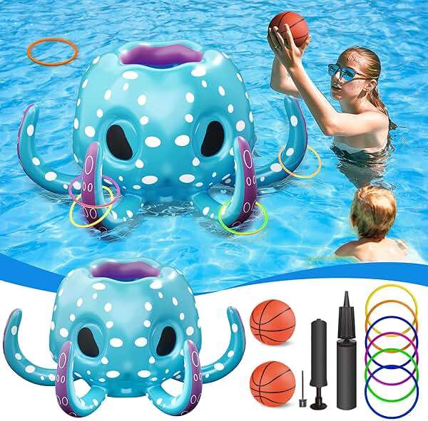 iPlay, iLearn Kids Octopus Pool Toys, 2-in-1 Inflatable Float Pool Game, Basketball Hoop & Ring Toss Game, Outdoor Summer Beach Water Play, Cool Family Party Gift 3 4 5 6 7 8 Year Old Boy Girl Child - Image 6