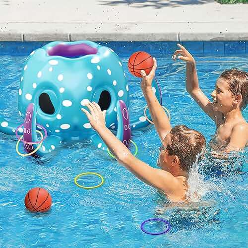 iPlay, iLearn Kids Octopus Pool Toys, 2-in-1 Inflatable Float Pool Game, Basketball Hoop & Ring Toss Game, Outdoor Summer Beach Water Play, Cool Family Party Gift 3 4 5 6 7 8 Year Old Boy Girl Child - Image 7