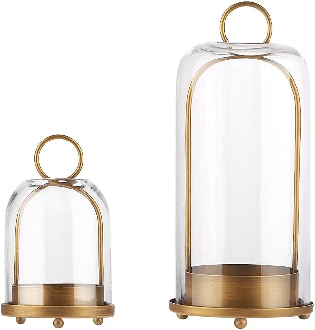 5" & 4" Wide Versatile Metal Candle Holder with Handmade Sturdy Glass Dome in Brass for Pillar Candle & Plants, 5.1" xH11.8 4" xH7.5, Industrial, Farmhouse, Shabby Chic. (2, Brass, Large & Small) - Product Image