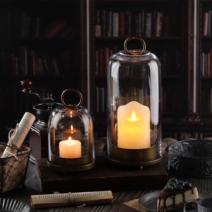 5" & 4" Wide Versatile Metal Candle Holder with Handmade Sturdy Glass Dome in Brass for Pillar Candle & Plants, 5.1" xH11.8 4" xH7.5, Industrial, Farmhouse, Shabby Chic. (2, Brass, Large & Small) - Image 2