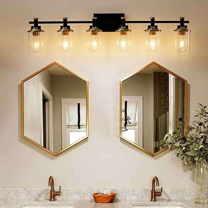 Aixialin 6 Bathroom Vanity Lights, Black and Gold Bathroom Light Fixtures, Sconces Wall Lighting with Clear Glass Shade, Modern Brushed Gold Vanity Lighting Fixtures for Bathroom, Bedroom, Hallway - Image 2