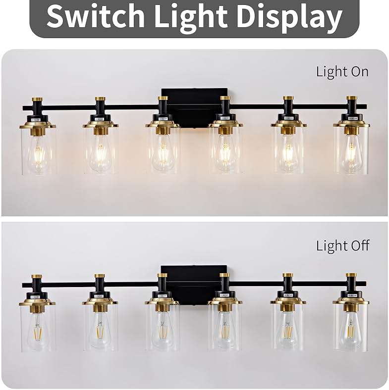 Aixialin 6 Bathroom Vanity Lights, Black and Gold Bathroom Light Fixtures, Sconces Wall Lighting with Clear Glass Shade, Modern Brushed Gold Vanity Lighting Fixtures for Bathroom, Bedroom, Hallway - Image 3