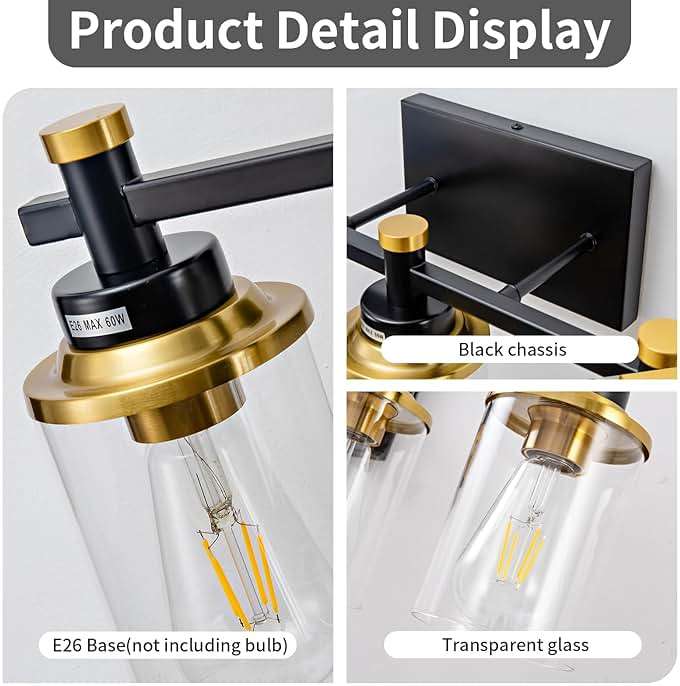 Aixialin 6 Bathroom Vanity Lights, Black and Gold Bathroom Light Fixtures, Sconces Wall Lighting with Clear Glass Shade, Modern Brushed Gold Vanity Lighting Fixtures for Bathroom, Bedroom, Hallway - Image 4