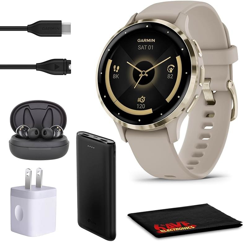 Garmin Venu 3S Advanced Fitness & Health Tracker Smart Watch Soft Gold Stainless Steel Bezel with 41 MM French Gray Case and Silicone Band and 1.2 Inch AMOLED Touch Screen Display - Product Image