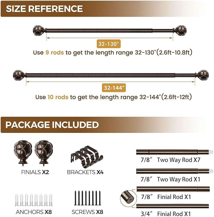 KAMANINA Curtain Rods for Windows 72 to 144 Inches (6-12ft) Long Heavy Duty Curtain Rod, 7/8 Inch Adjustable Decorative Drapery Rods with Netted Texture Finials, Bronze - Image 9