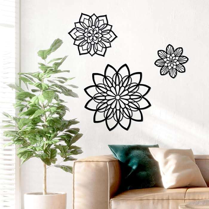 Zzbakress 3 Pieces Metal Flowers Wall Decor, Black Wall Decors, Flower Art Wall Decor Farmhouse Wall Decoration Multiple Flowers Hanging Decor for Bathroom Living Room Garden Office (Black Elegant) - Image 2