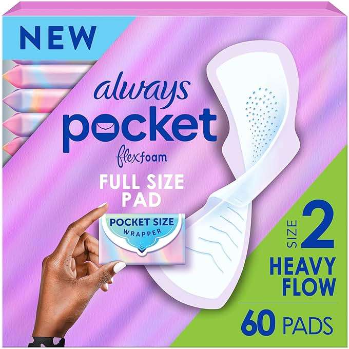 Always Pocket Feminine Pads with FlexFoam, Size 2, Heavy Flow, with Wings, Unscented, 60 Count (3 Packs of 20) - Image 1