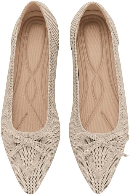 TINGRISE Women's Flats Pointed Toe Bow Knit Ballet Shoes Comfortable Dressy Mesh Slip On Flat - Product Image