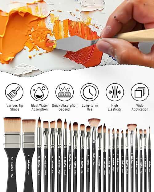 Nicpro 26pcs Paint Brush Set, Professional Paintbrushes with Palette Knife, Craft Paint Brushes for Acrylic Painting, Oil, Watercolor, Gouache & Canvas, Drawing & Art Supplies for Adults, Kids Artists - Image 10
