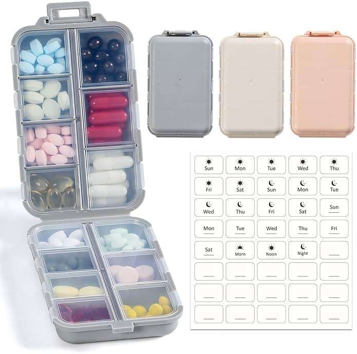 LANDNEOO 14 Grids Pill Organizer Box with Labels, Travel Medication Holder Dispenser Case Kit, Pocket Daily Pharmacy Container for Fish Oil Vitamin Supplement Storage, Khaki Pink Grey, 3 Pack - Image 1