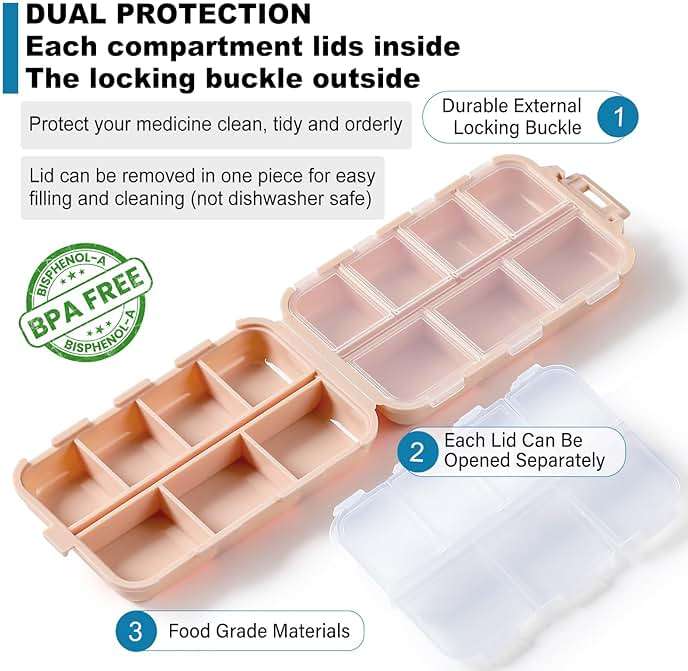 LANDNEOO 14 Grids Pill Organizer Box with Labels, Travel Medication Holder Dispenser Case Kit, Pocket Daily Pharmacy Container for Fish Oil Vitamin Supplement Storage, Khaki Pink Grey, 3 Pack - Image 6