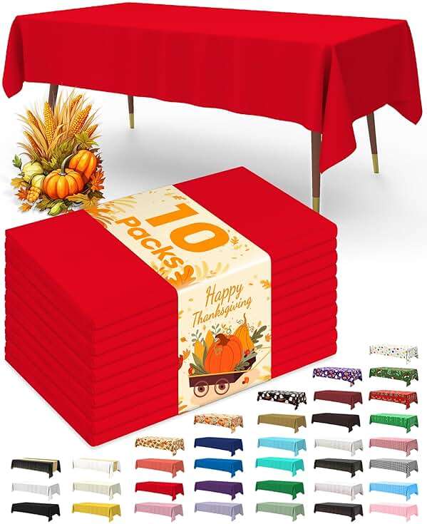 Pureegg Plastic Table Cloth Disposable 10 Pack, 54 x 108 Inch Table Cloths, Valentines Day, Thanksgiving, Christmas Decorations, Fall Tablecloths, Rectangle, Plastic Cover, Leakproof & Sturdy, Red - Image 1