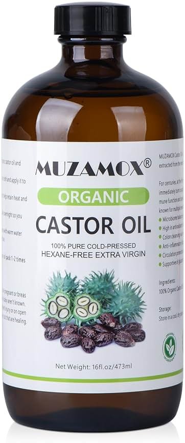 Castor Oil Organic Cold Pressed Unrefined Glass Bottle, 100% Pure and Hexane Free, Ideal for Castor Oil Pack, Skin Care, and Hair Growth, 16 Fl Oz - Product Image