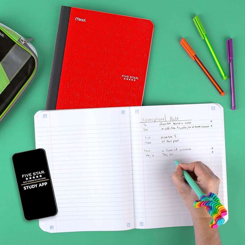 Five Star Composition Book + Study App, 4 Pack, Wide Ruled Paper, 7-1/2" x 9-3/4", 80 Sheets, Forest Green, Tidewater Blue, Fire Red and Harvest Yellow (950033B-ECM) - Image 9